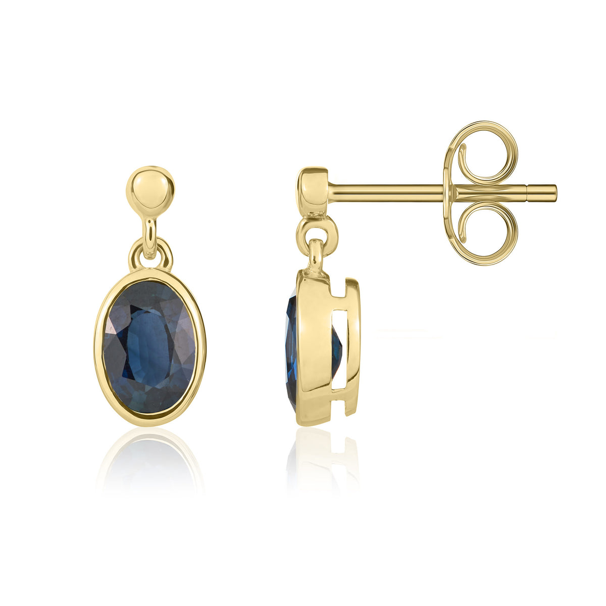 9CT YG 6X4 OVAL SAPPHIRE RUBOVER DROP EARRINGS WITH 2.5MM BEAD TOP