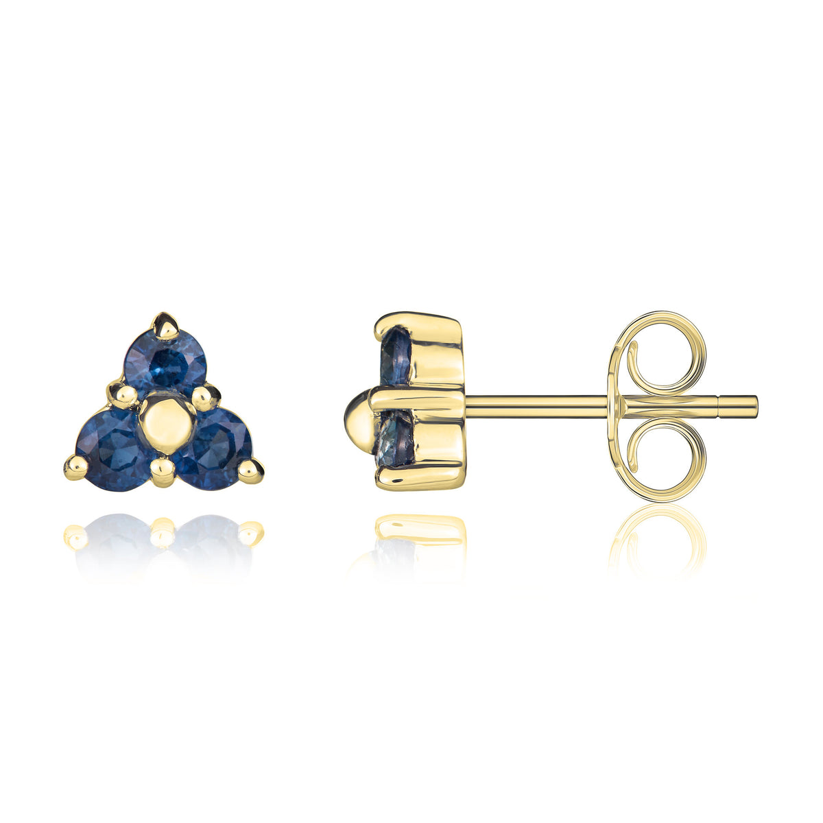 9CT YG ROUND SAPPHIRE CLAW SET TREFOIL EARRINGS