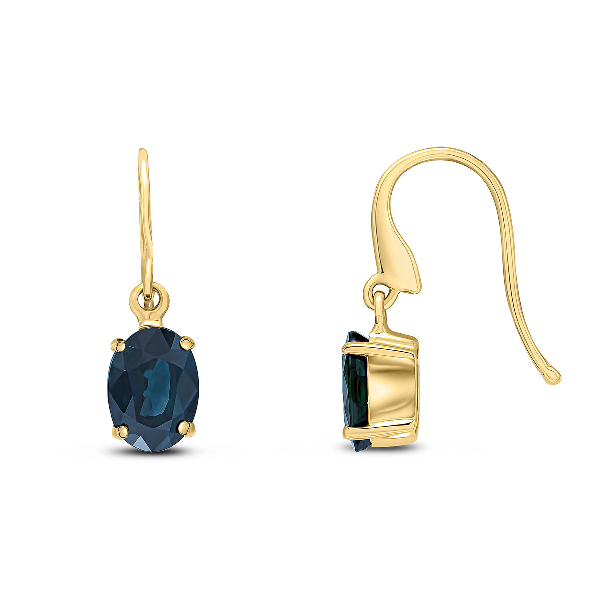 9CT YG 7X5 OVAL SAPPHIRE CLAW SET DROP EARRINGS WITH HOOK WIRE FITTING