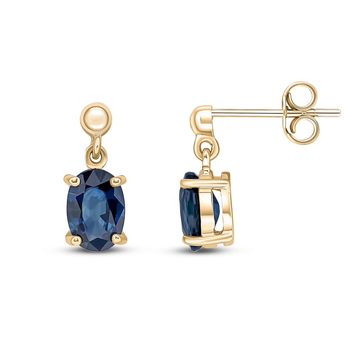 9CT YG 7X5 OVAL SAPPHIRE CLAW SET DROP EARRINGS WITH BEAD TOP
