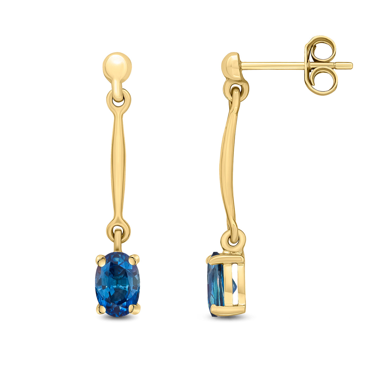 9CT YG CLAW SET 6X4MM OVAL SAPPHIRE AND BAR DROP EARRINGS