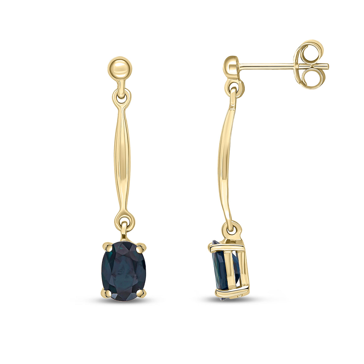 9CT YG 7X5MM OVAL SAPPHIRE AND BAR DROP EARRINGS WITH BEAD TOP