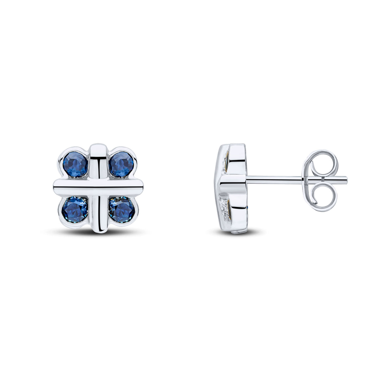 9CT WHITE GOLD ROUND SAPPHIRE RUBOVER QUATREFOIL STUD EARRINGS WITH CROSS CENTRE
