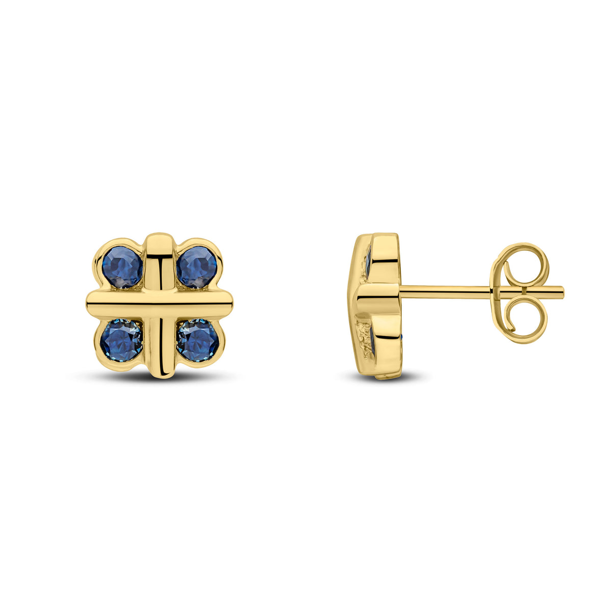 9CT YELLOW GOLD ROUND SAPPHIRE RUBOVER QUATREFOIL STUD EARRINGS WITH CROSS CENTRE