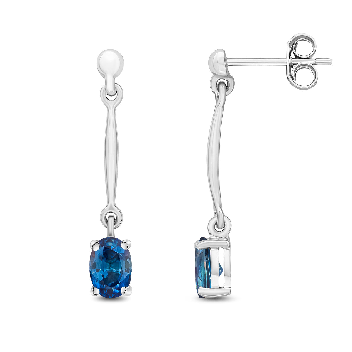 9CT WG CLAW SET 6X4MM OVAL SAPPHIRE AND BAR DROP EARRINGS