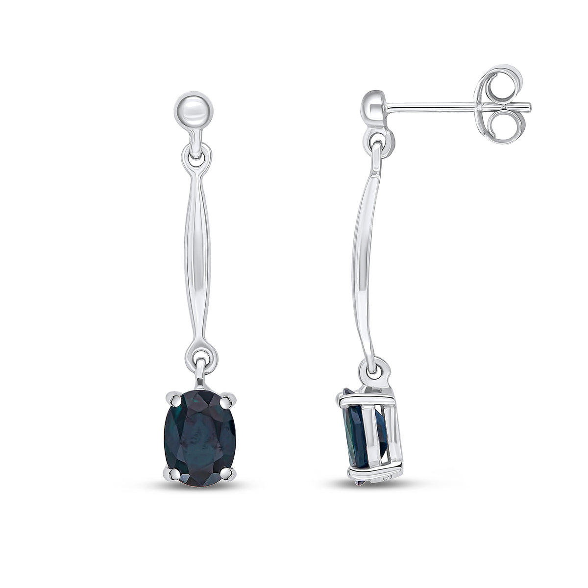 9CT WG 7X5MM OVAL SAPPHIRE AND BAR DROP EARRINGS WITH BEAD TOP
