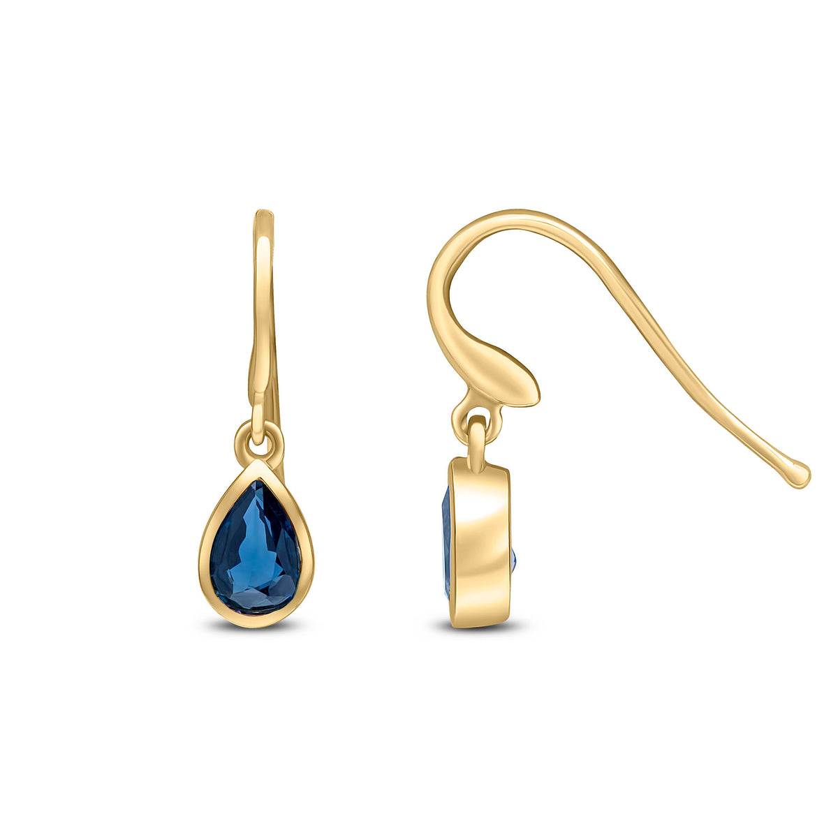 9CT YG 6X4 PEARSHAPE SAPPHIRE RUBOVER DROP EARRINGS. HOOK WIRE FITTING