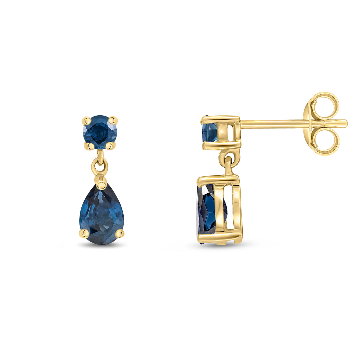 9CT YG ROUND AND PEARSHAPE SAPPHIRE 2ST CLAW SET DROP EARRINGS