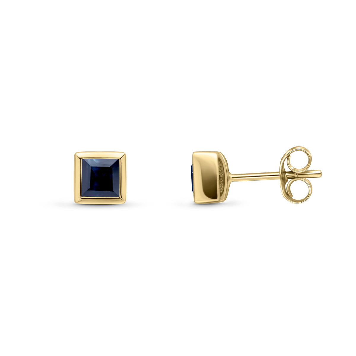9CT YG 4MM SQUARE SAPPHIRE RUBOVER SET STUD EARRINGS