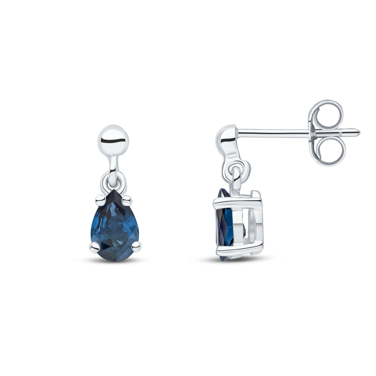 9CT WG 6X4 PEARSHAPE SAPPHIRE CLAW SET DROP EARRINGS WITH BEAD STUD TOP