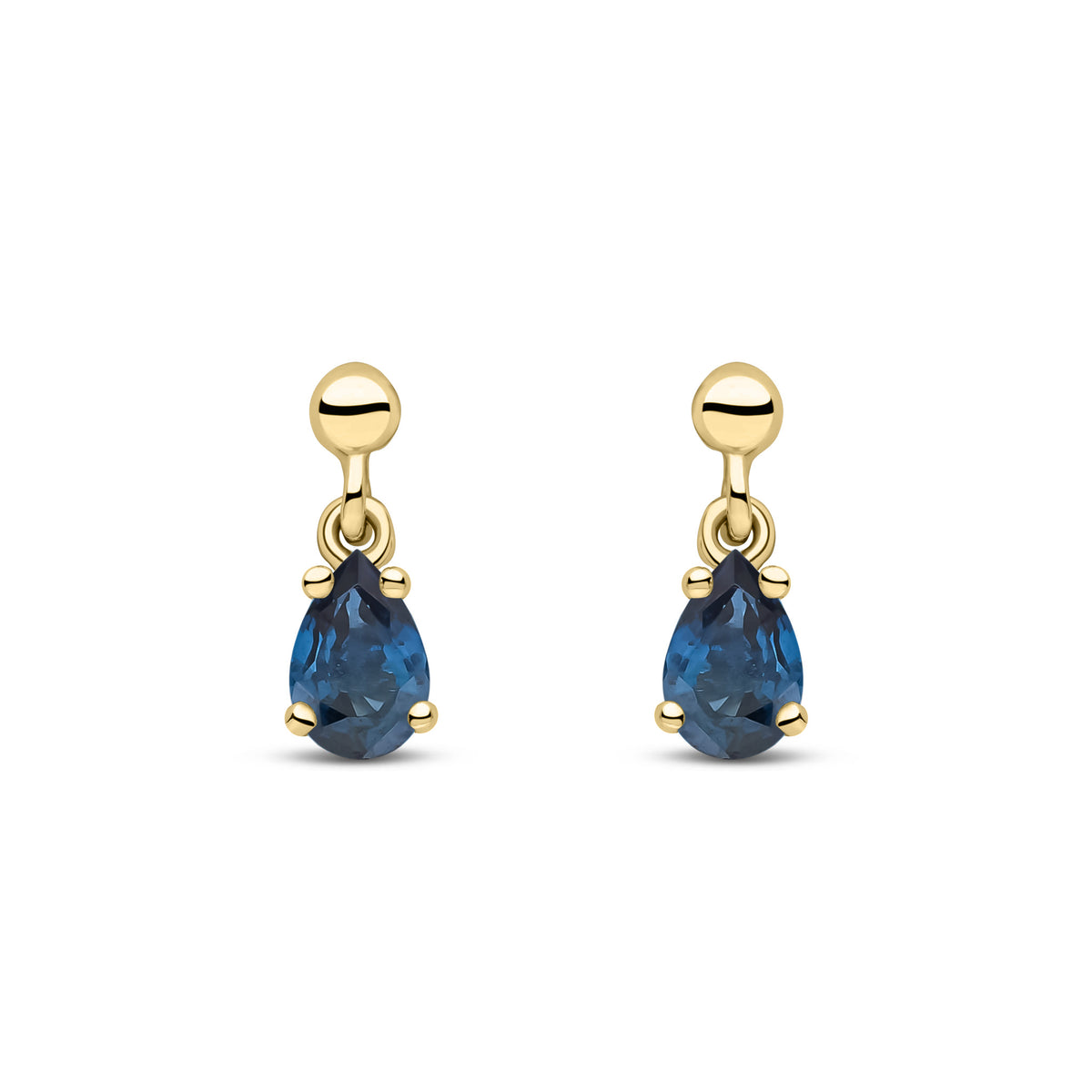 9CT YG 6X4 PEARSHAPE SAPPHIRE CLAW SET DROP EARRINGS WITH BEAD STUD TOP