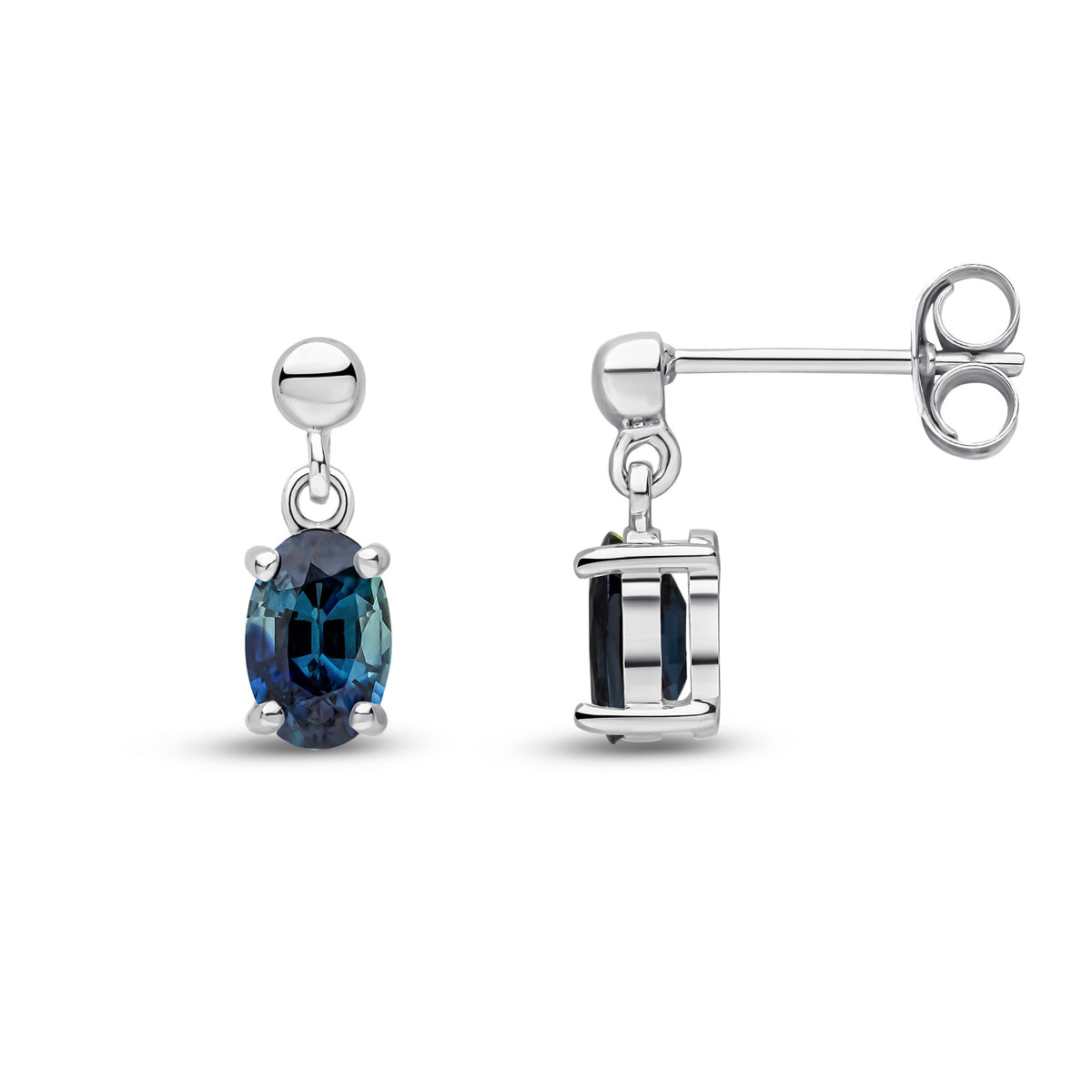 9CT WG 6X4 OVAL SAPPHIRE CLAW SET DROP EARRINGS WITH BEAD TOP