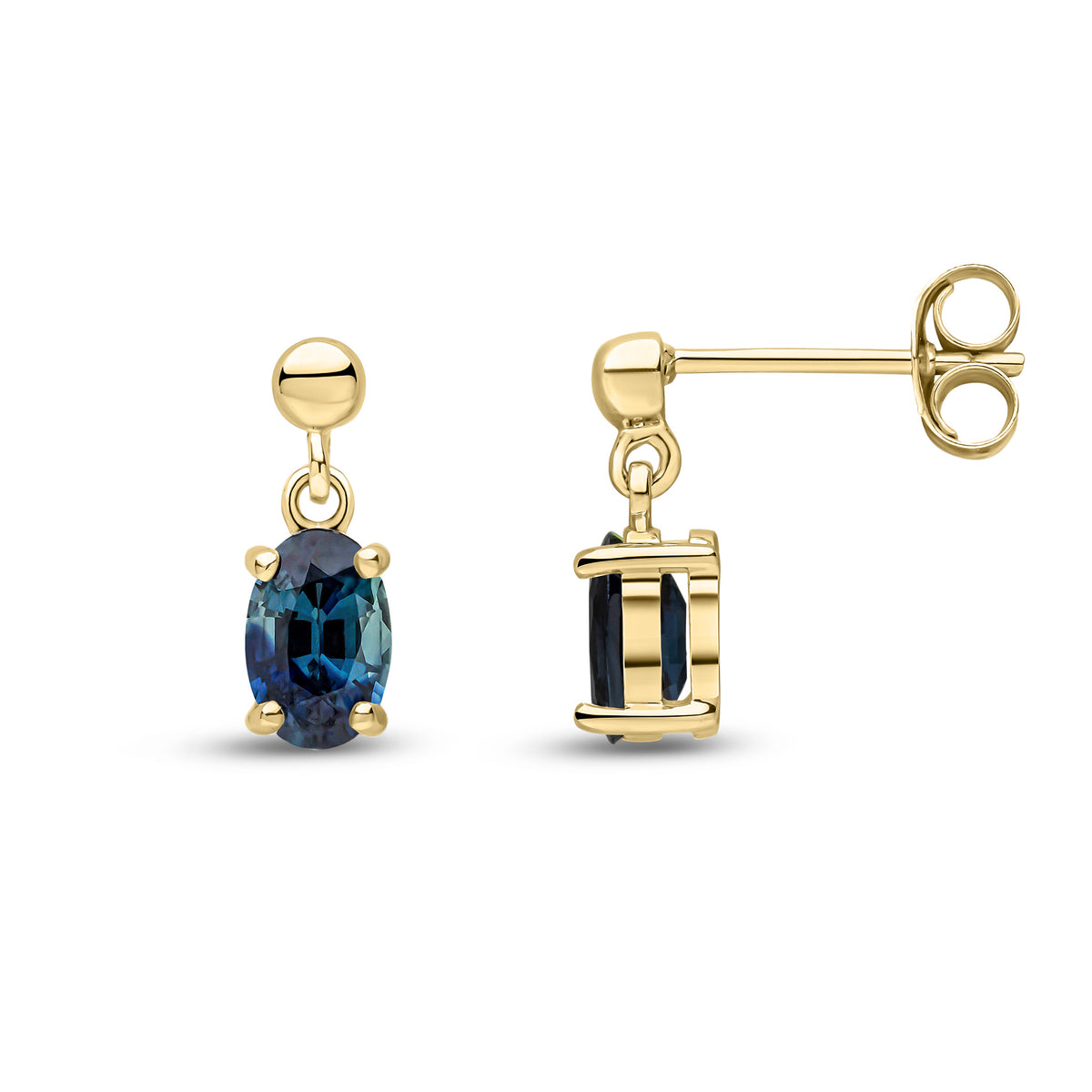 9CT YG 6X4 OVAL SAPPHIRE CLAW SET DROP EARRINGS WITH BEAD TOP