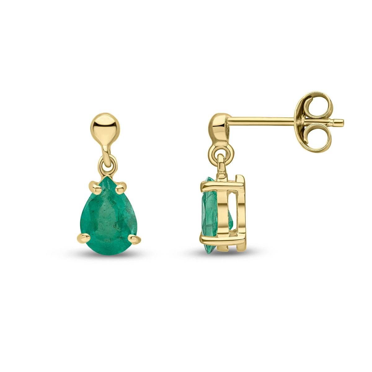 9CT YG 7X5 PEARSHAPE EMERALD CLAW SET DROP EARRINGS WITH BEAD TOP