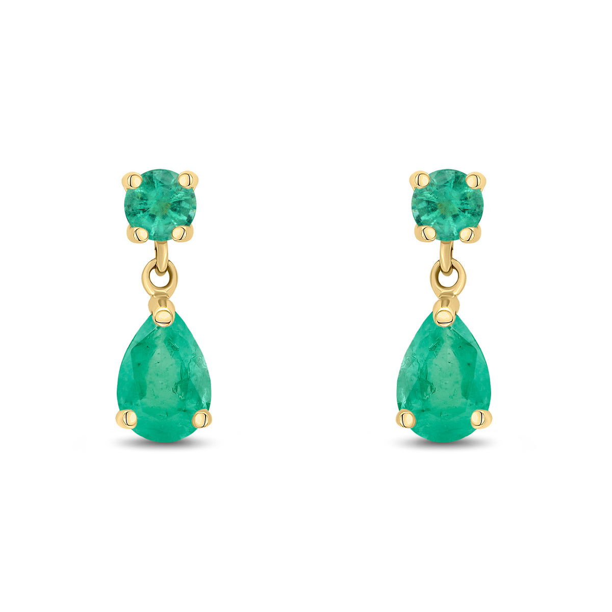 9CT YG ROUND AND PEARSHAPE EMERALD 2ST CLAW SET DROP EARRINGS