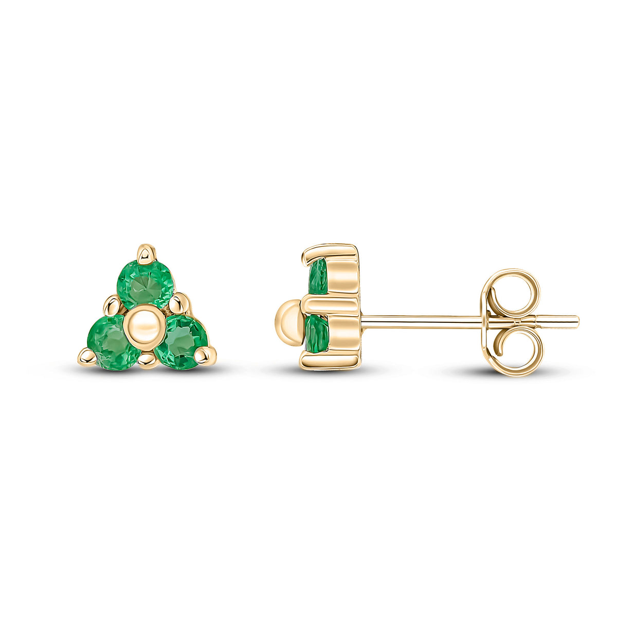 9CT YG ROUND EMERALD CLAW SET TREFOIL EARRINGS