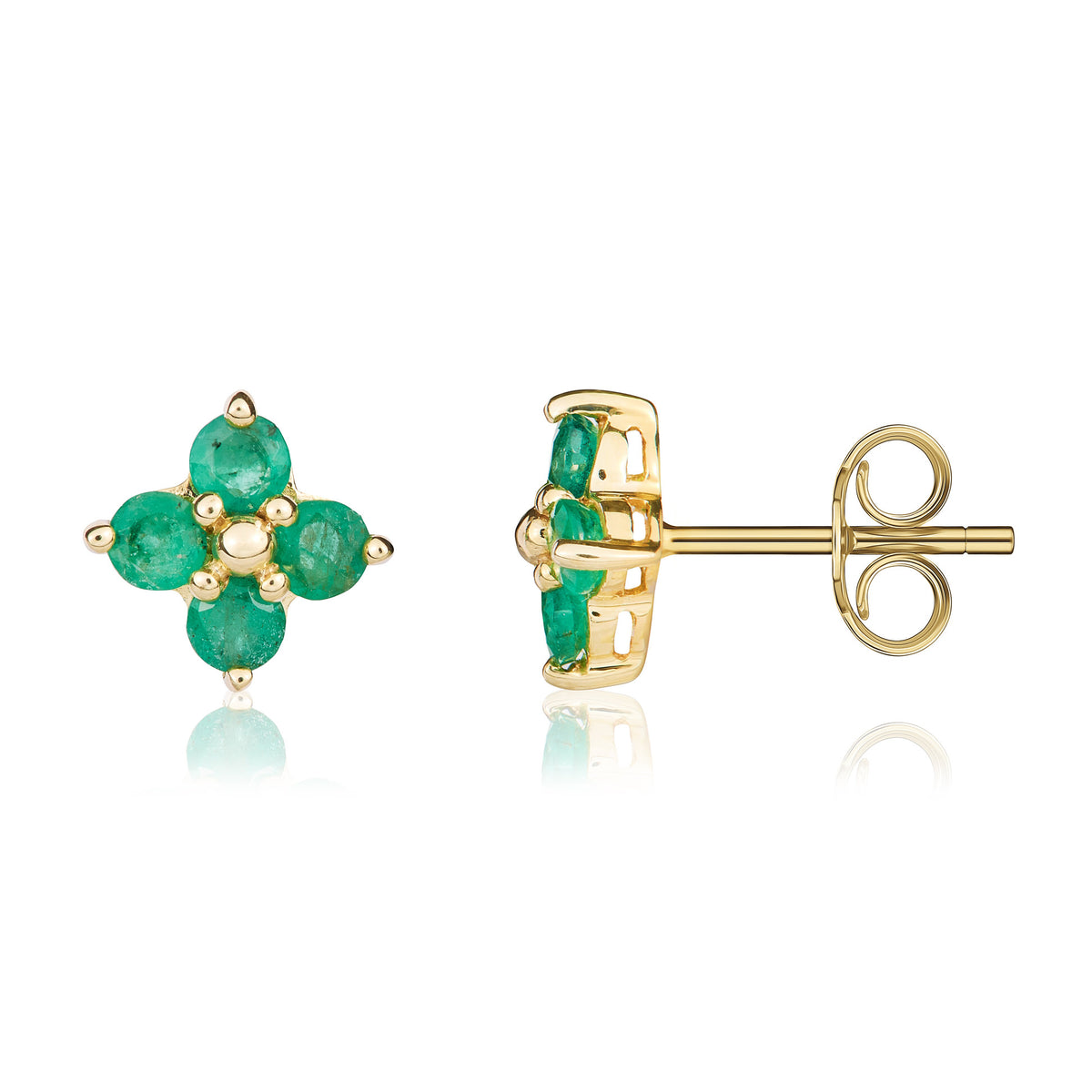 9CT YG ROUND EMERALD QUATREFOIL CLAW EARRINGS