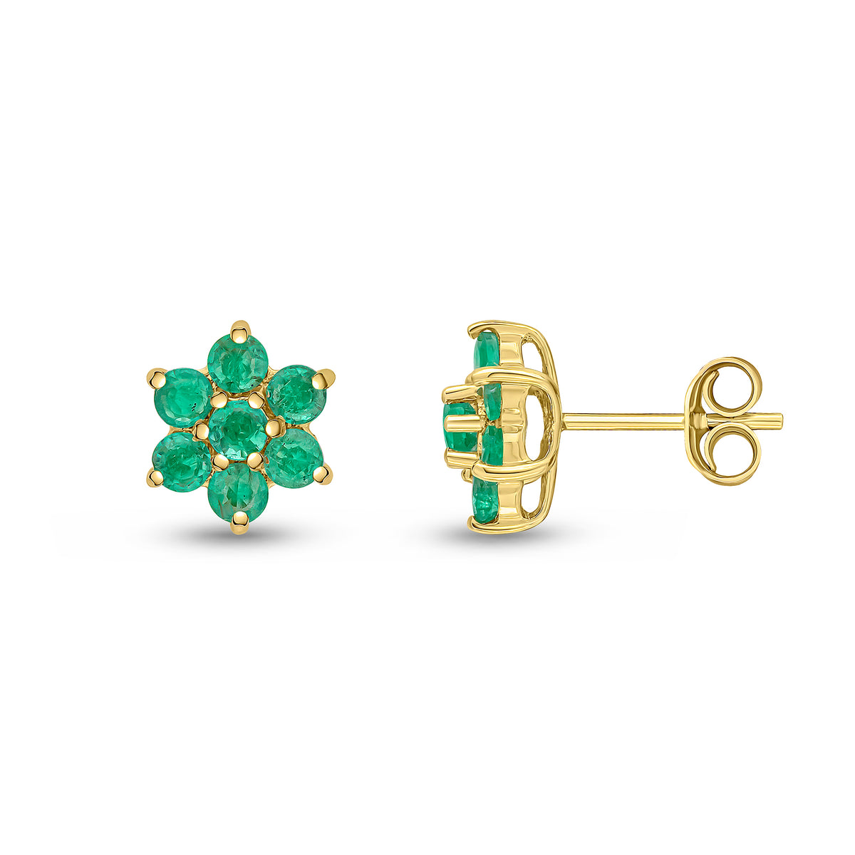 9CT YELLOW GOLD ROUND EMERALD 6X1 CLAW CLUSTER EARRINGS