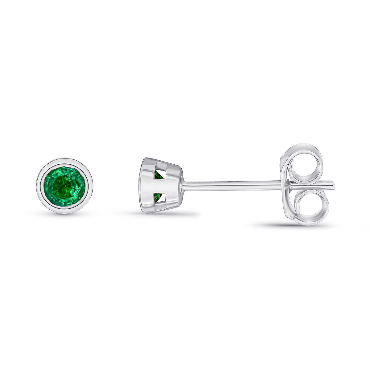 9CT WG 3MM ROUND EMERALD RUBOVER STUD EARRINGS