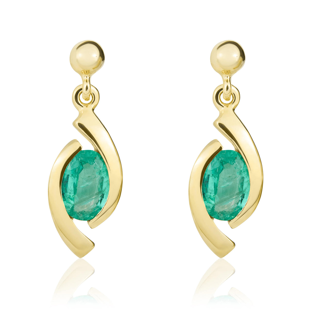9CT YG 6X4 OVAL EMERALD 'EYE' DROP EARRINGS WITH 3MM BEAD TOP