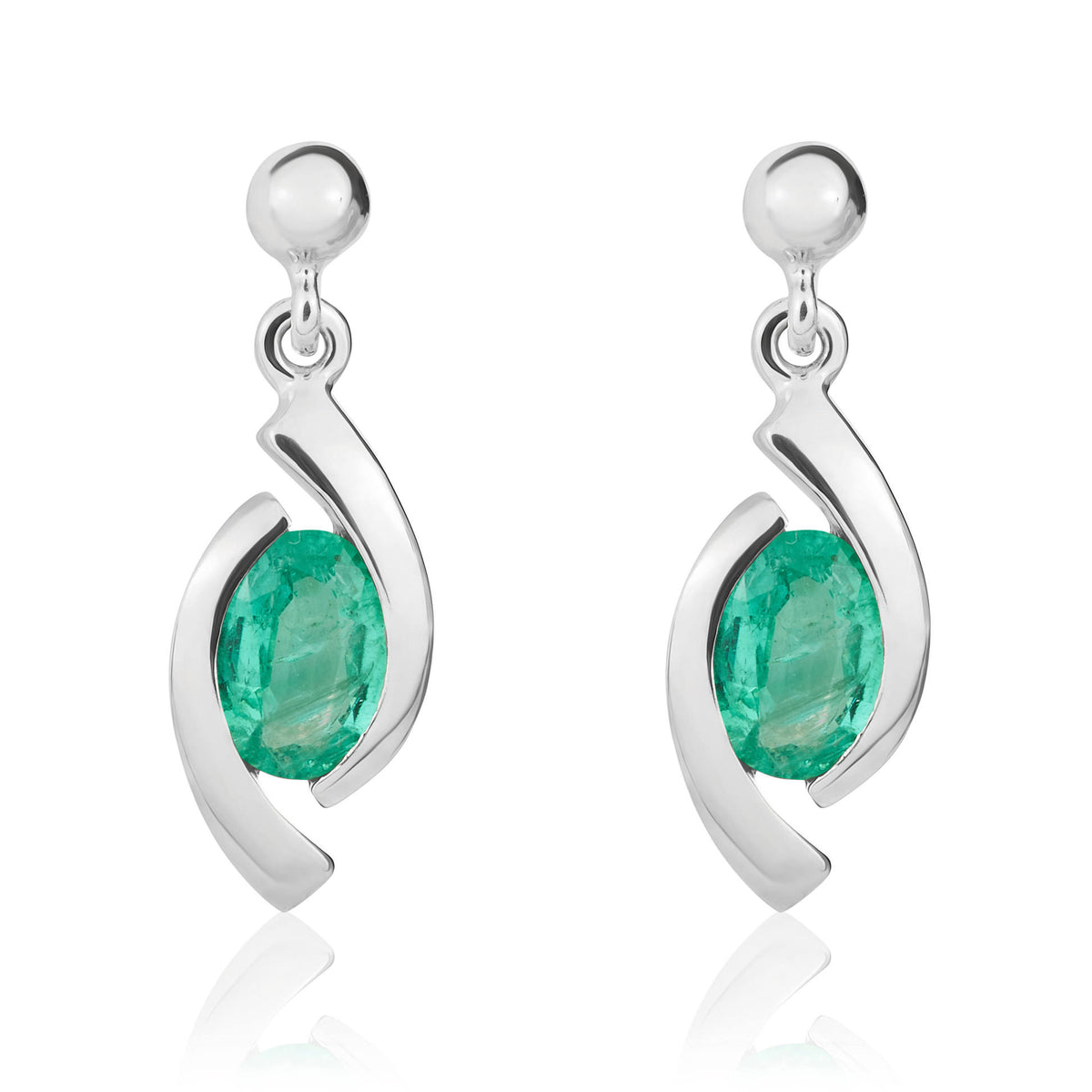 9CT WG 6X4 OVAL EMERALD 'EYE' DROP EARRINGS WITH 3MM BEAD TOP