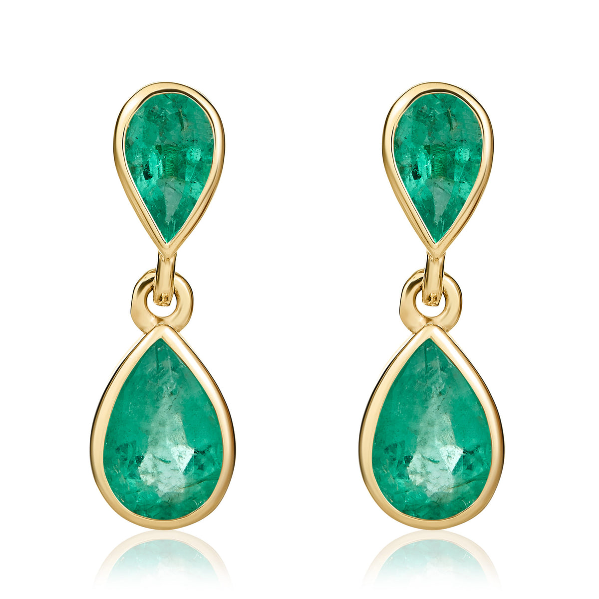 9CT YG PEARSHAPE EMERALD 2 STONE RUBOVER DROP EARRINGS