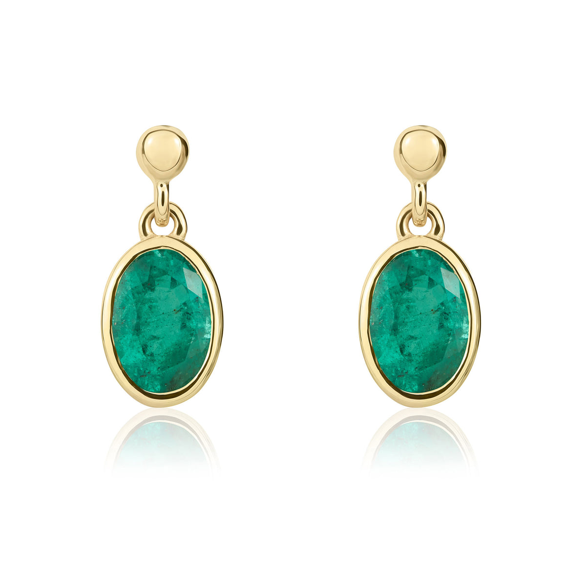 9CT YG 6X4 OVAL EMERALD RUBOVER DROP EARRINGS WITH 2.5MM BEAD TOP