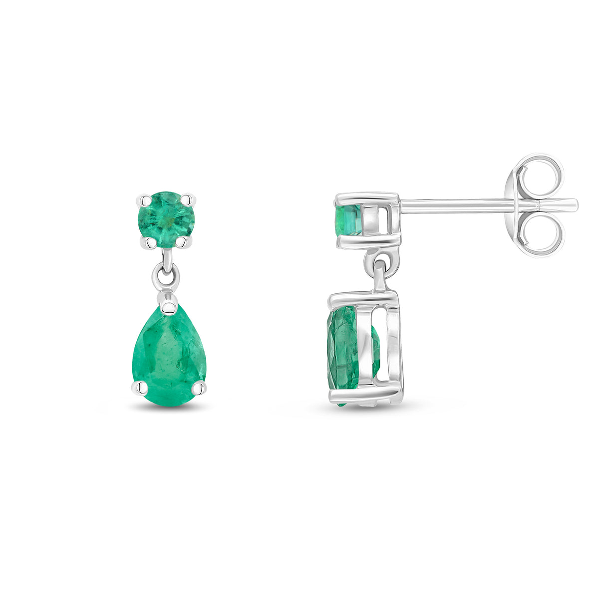 9CT WG ROUND AND PEARSHAPE EMERALD 2ST CLAW SET DROP EARRINGS