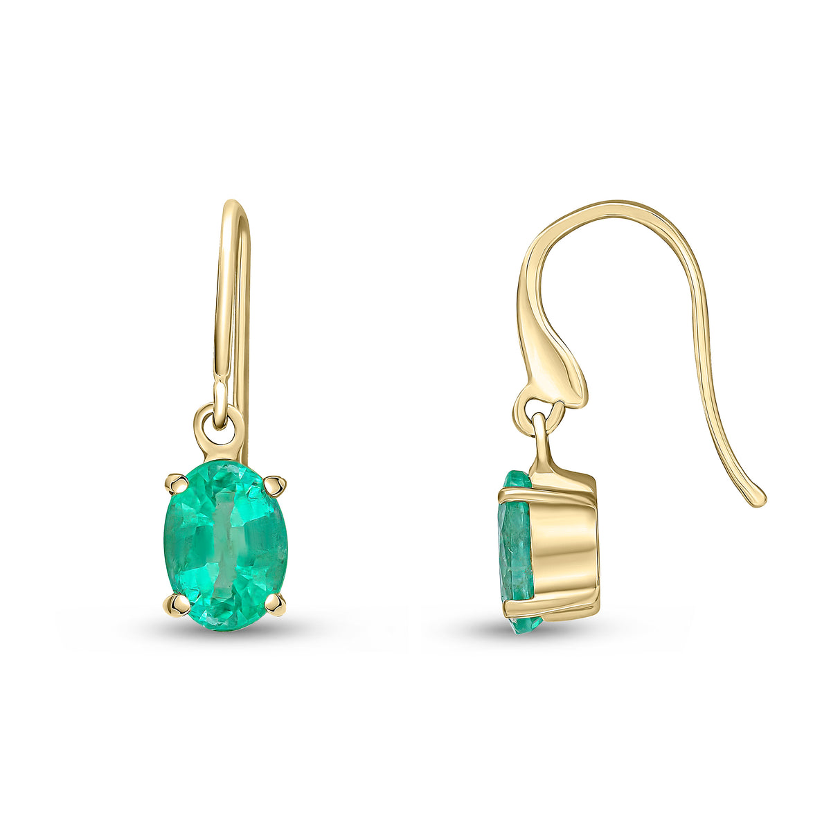 9CT YG 7X5 OVAL EMERALD CLAW SET DROP EARRINGS WITH HOOK WIRE FITTING
