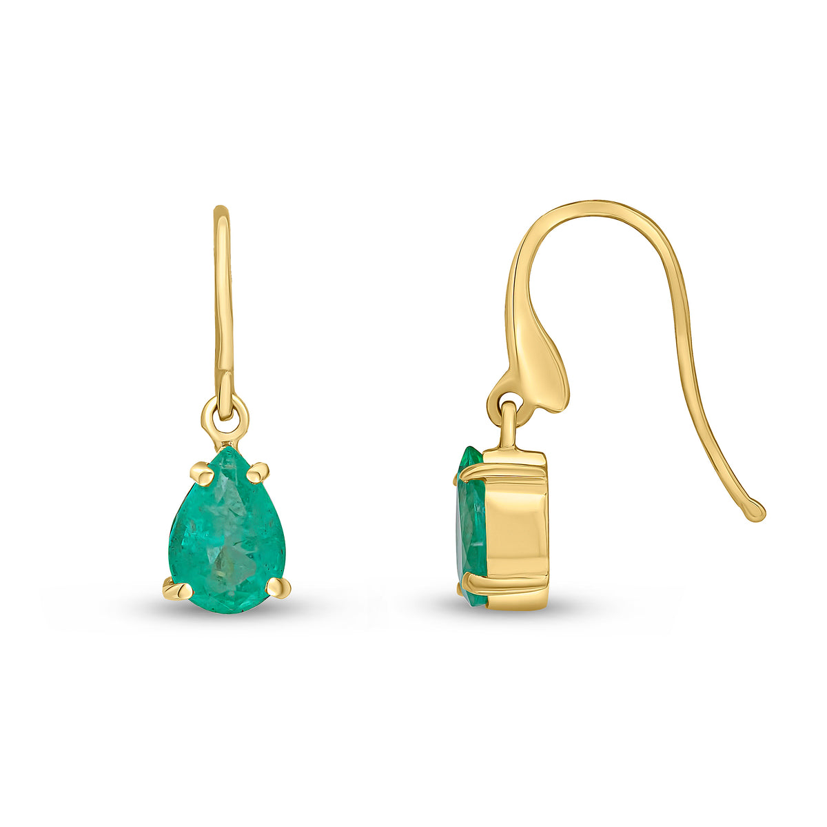 9CT YG 7X5MM PEARSHAPE EMERALD CLAW SET WIRE HOOK DROP EARRINGS