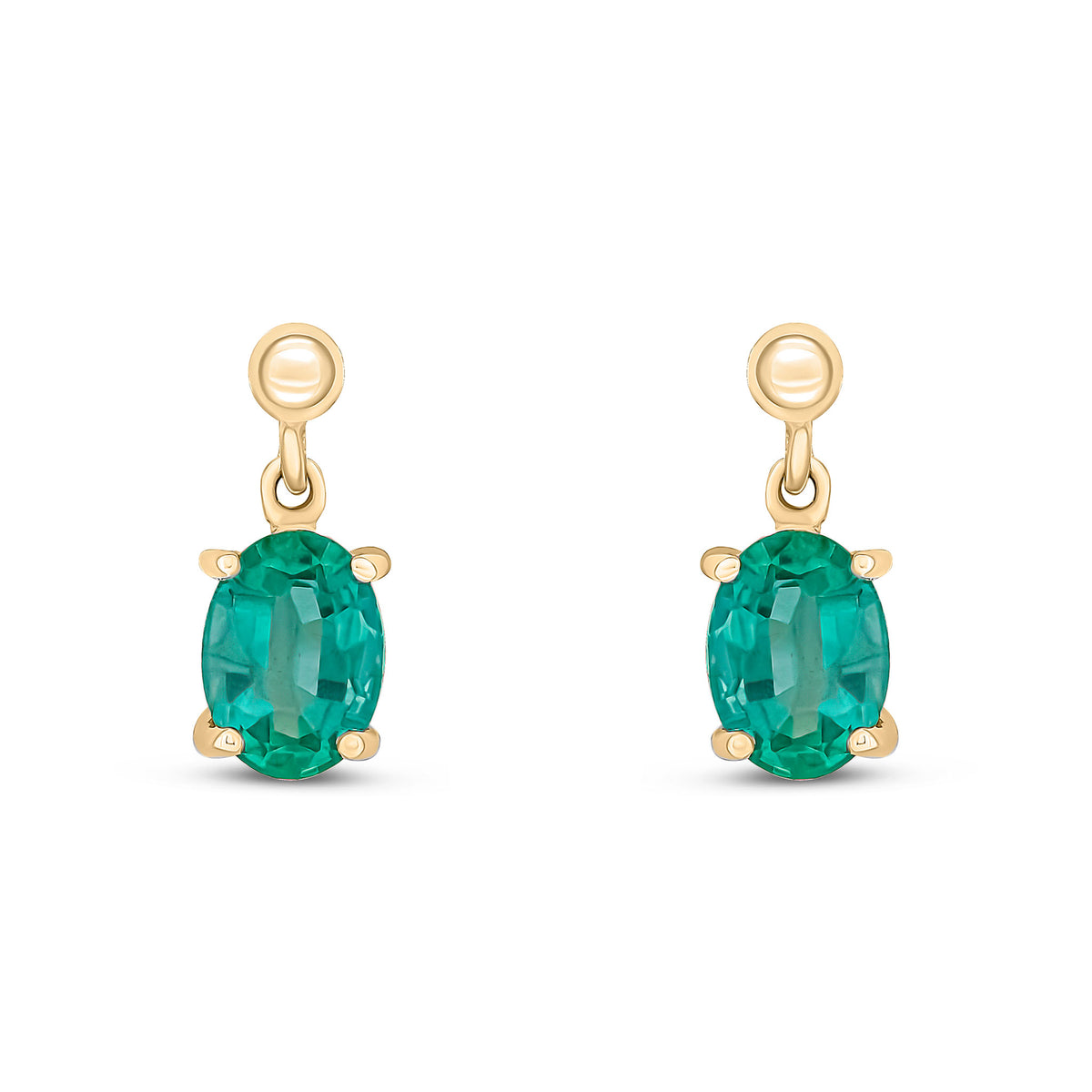 9CT YG 7X5 OVAL EMERALD CLAW SET DROP EARRINGS WITH BEAD TOP