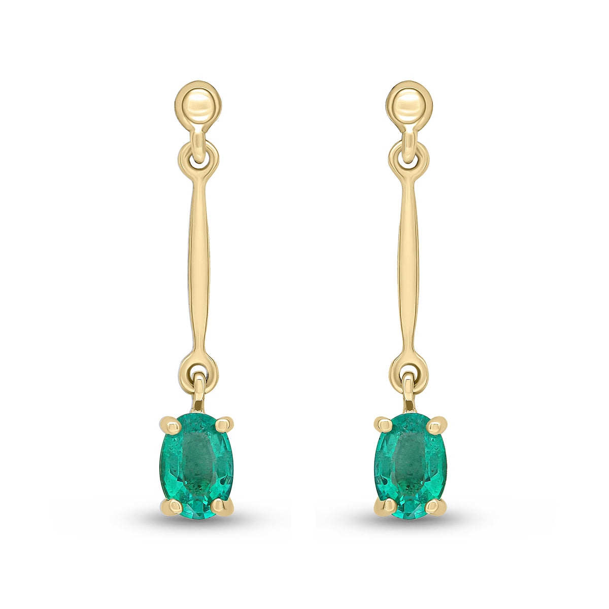 9CT YG CLAW SET 6X4MM OVAL EMERALD AND BAR DROP EARRINGS