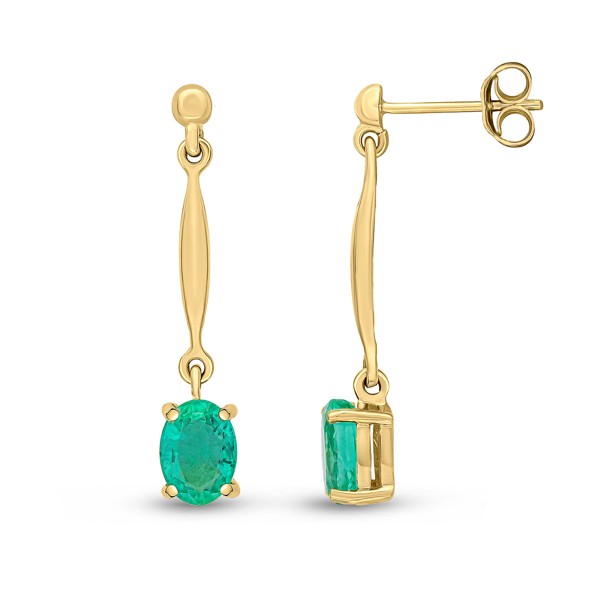 9CT YG 7X5MM OVAL EMERALD AND BAR DROP EARRINGS WITH BEAD TOP