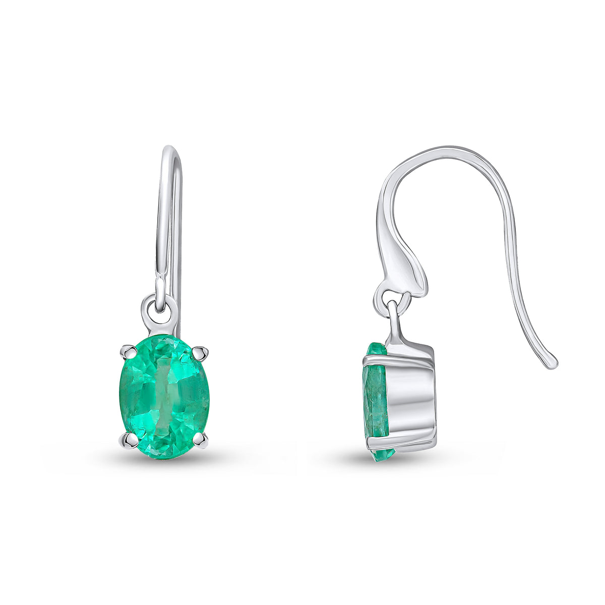 9CT WG 7X5 OVAL EMERALD CLAW SET DROP EARRINGS WITH HOOK WIRE FITTING