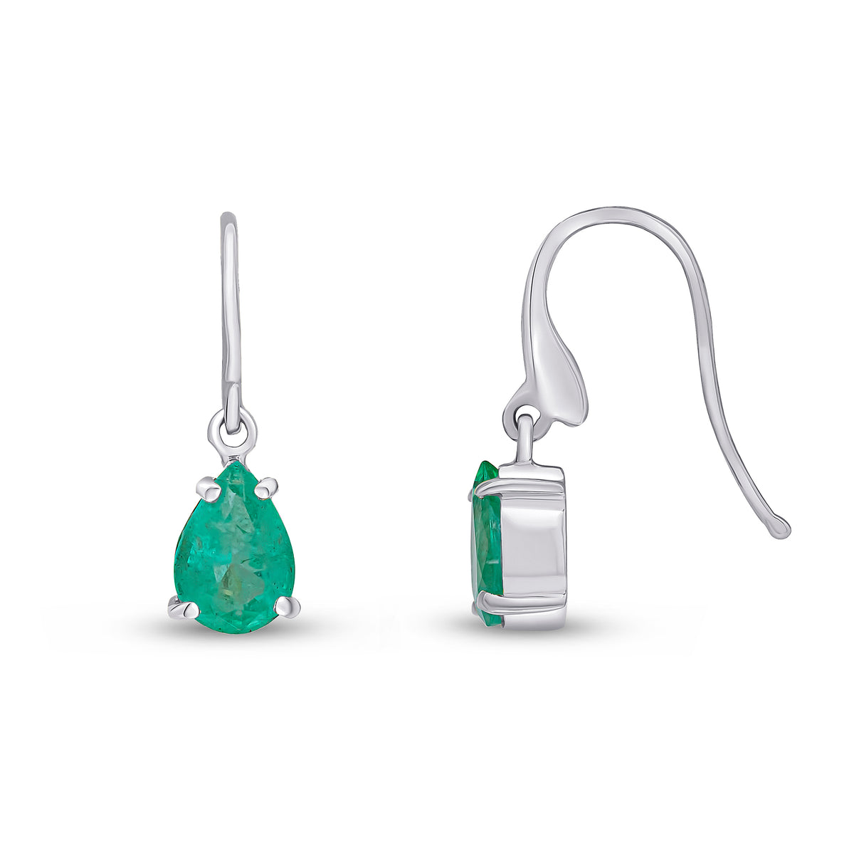 9CT WG 7X5MM PEARSHAPE EMERALD CLAW SET WIRE HOOK DROP EARRINGS