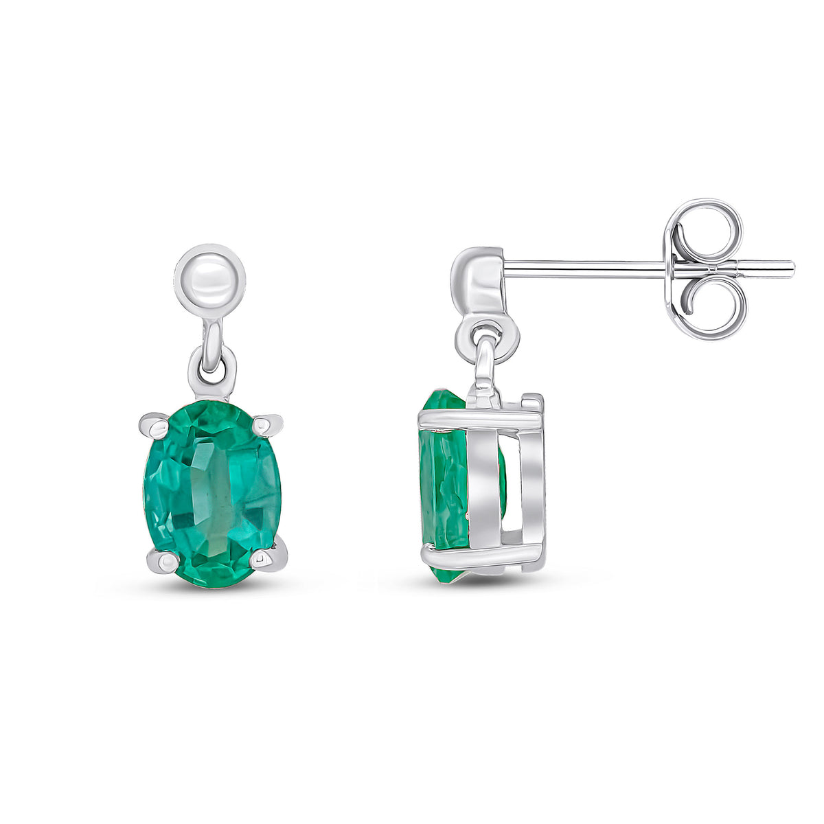 9CT WG 7X5 OVAL EMERALD CLAW SET DROP EARRINGS WITH BEAD TOP