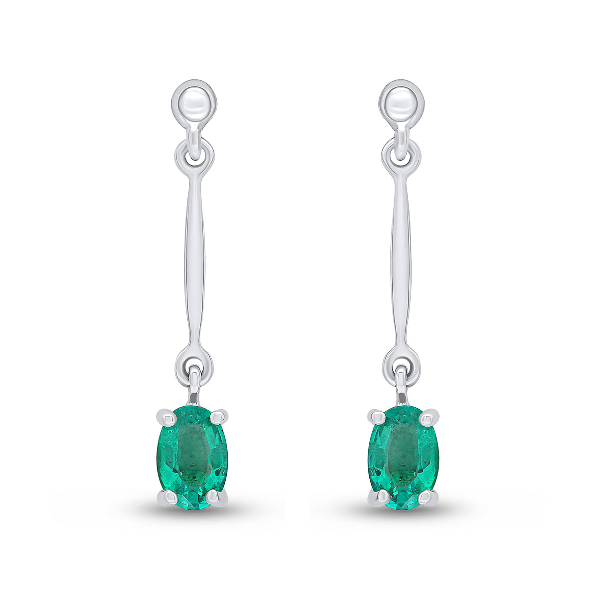 9CT WG CLAW SET 6X4MM OVAL EMERALD AND BAR DROP EARRINGS