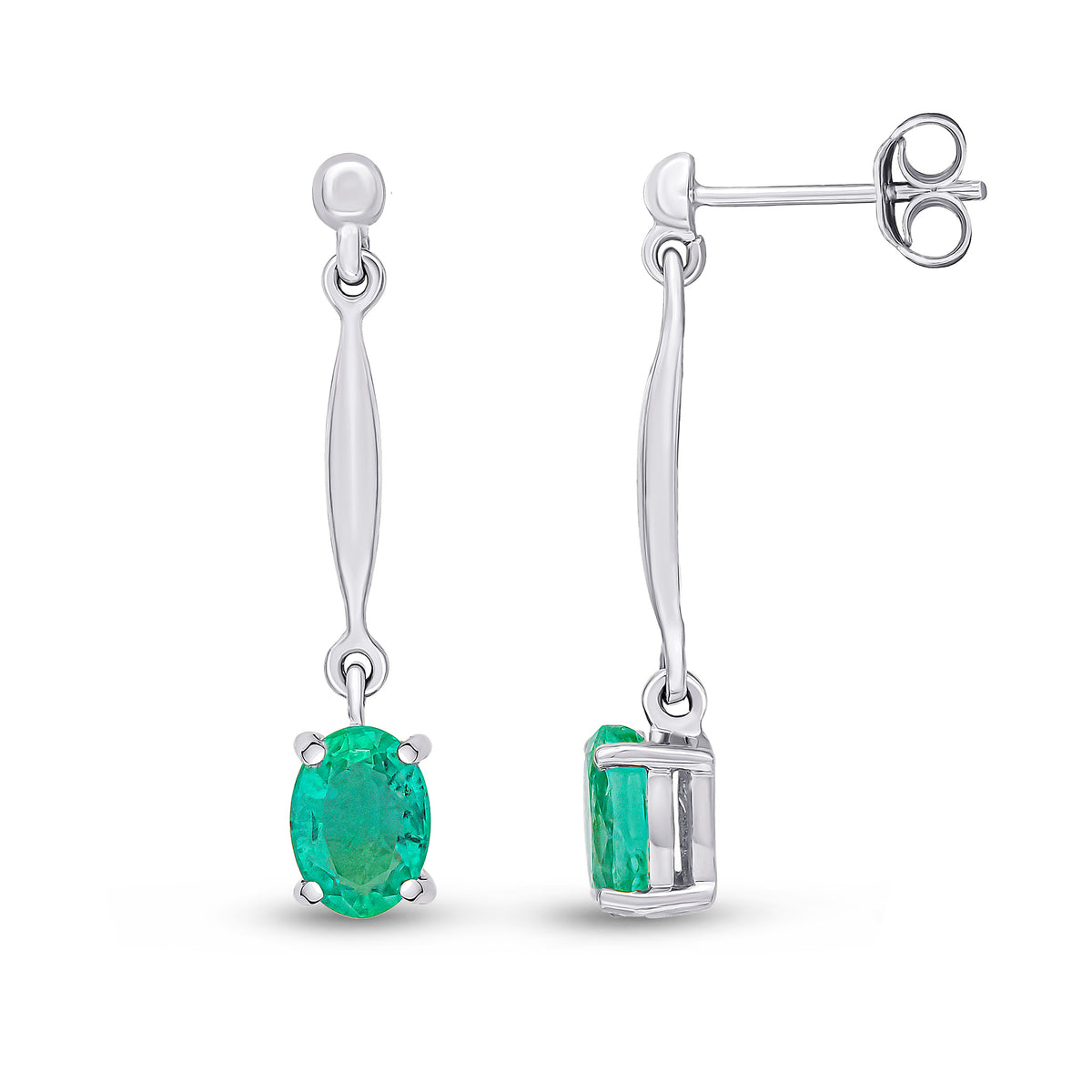 9CT WG 7X5MM OVAL EMERALD AND BAR DROP EARRINGS WITH BEAD TOP