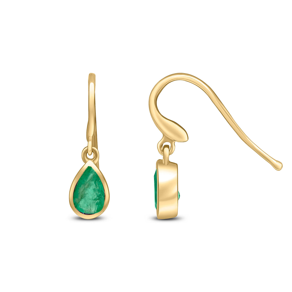 9CT YG 6X4 PEARSHAPE EMERALD RUBOVER DROP EARRINGS. HOOK WIRE FITTING