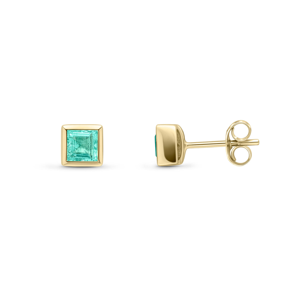 9CT YG 4MM SQUARE EMERALD RUBOVER SET EARRINGS