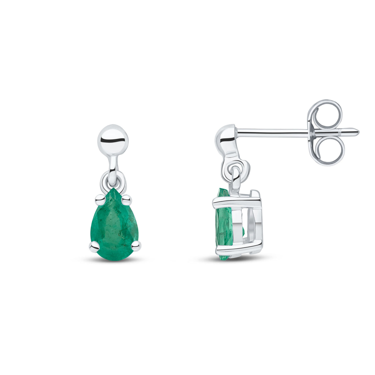 9CT WG 6X4 PEARSHAPE EMERALD CLAW SET DROP EARRINGS WITH BEAD STUD TOP