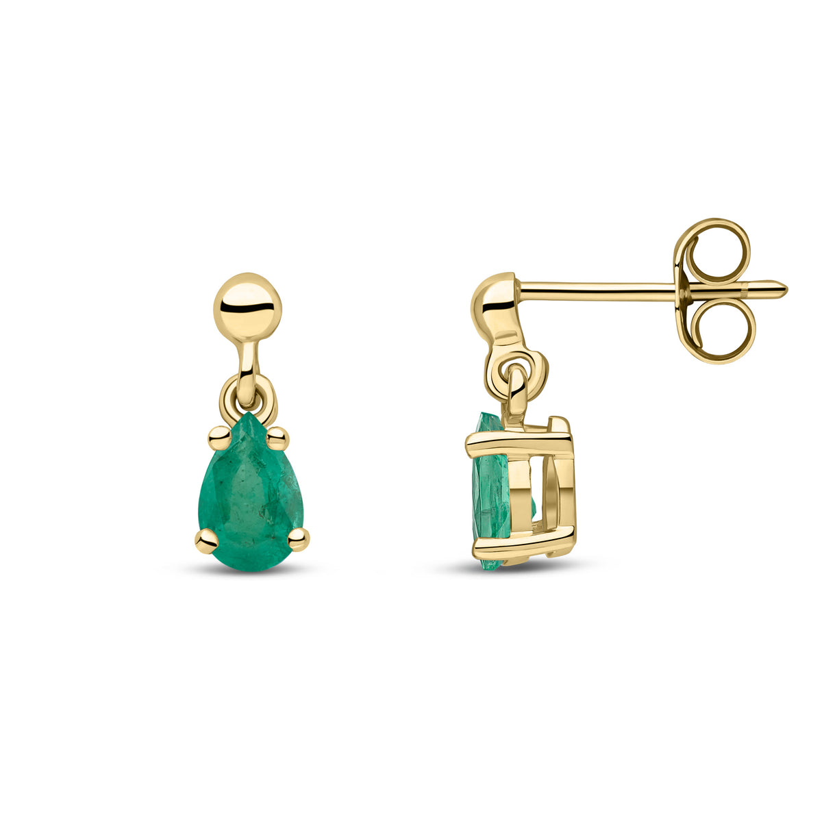 9CT YG 6X4 PEARSHAPE EMERALD CLAW SET DROP EARRINGS WITH BEAD STUD TOP