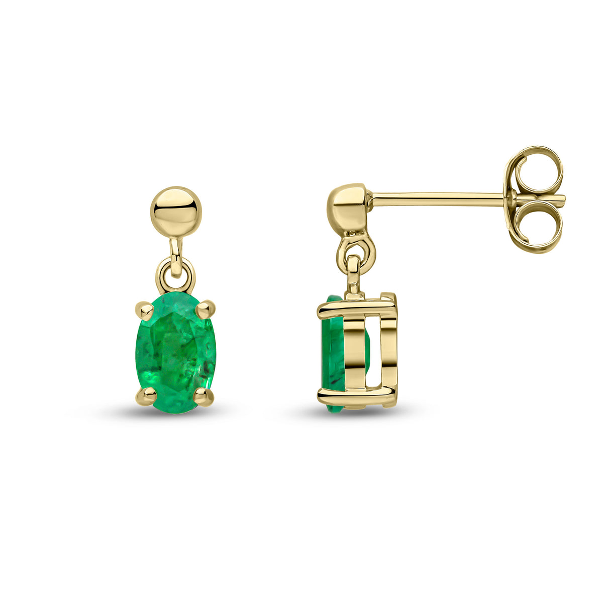 9CT YG 6X4 OVAL EMERALD CLAW SET DROP EARRINGS WITH BEAD TOP