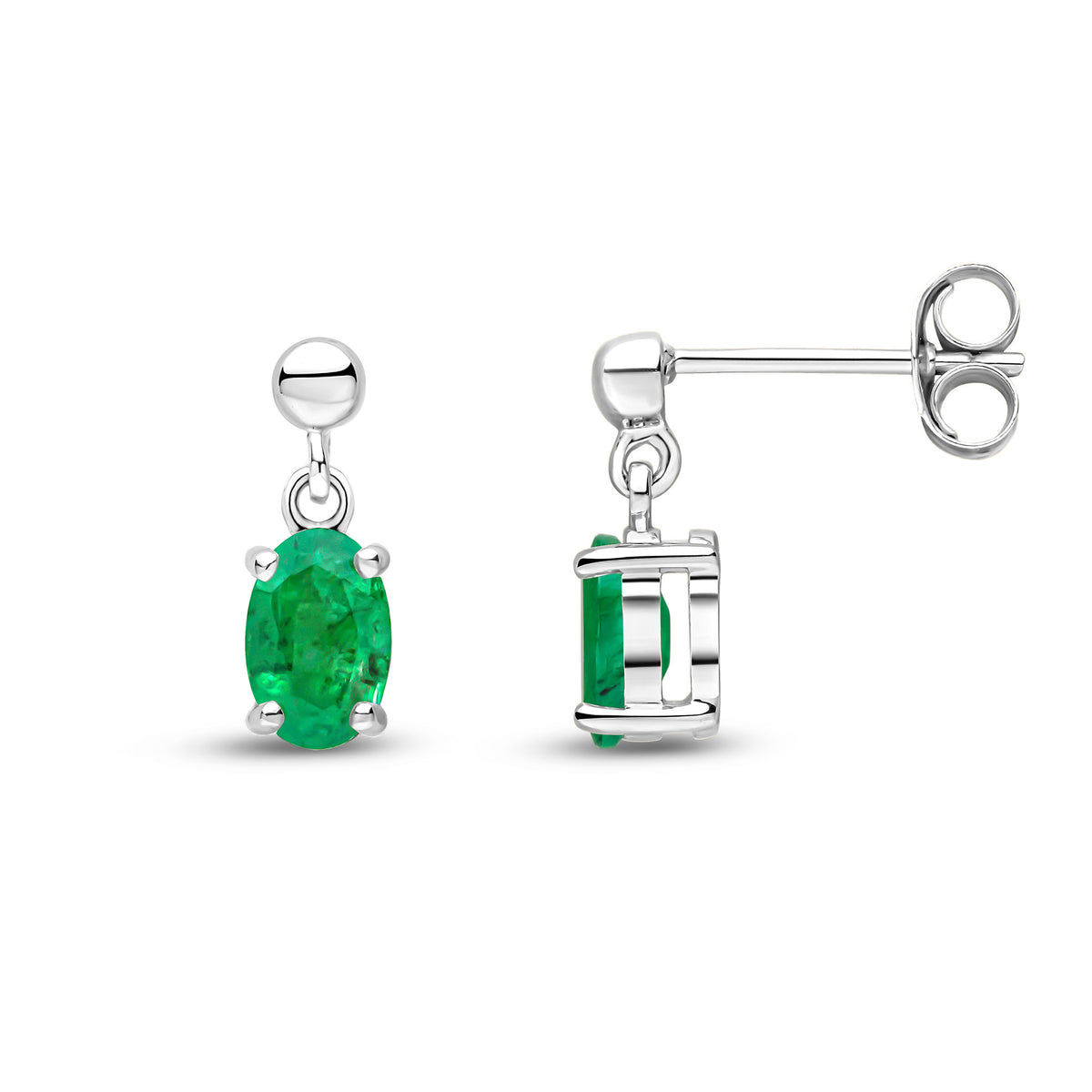 9CT WG 6X4 OVAL EMERALD CLAW SET DROP EARRINGS WITH BEAD TOP
