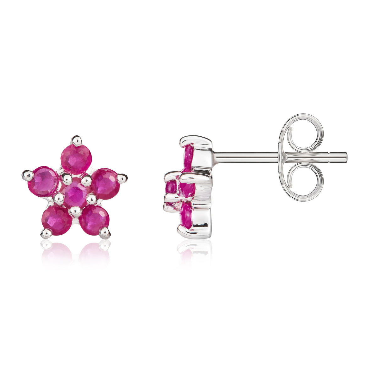 9CT WG 5X1 ROUND RUBY CLAW SET CLUSTER EARRINGS