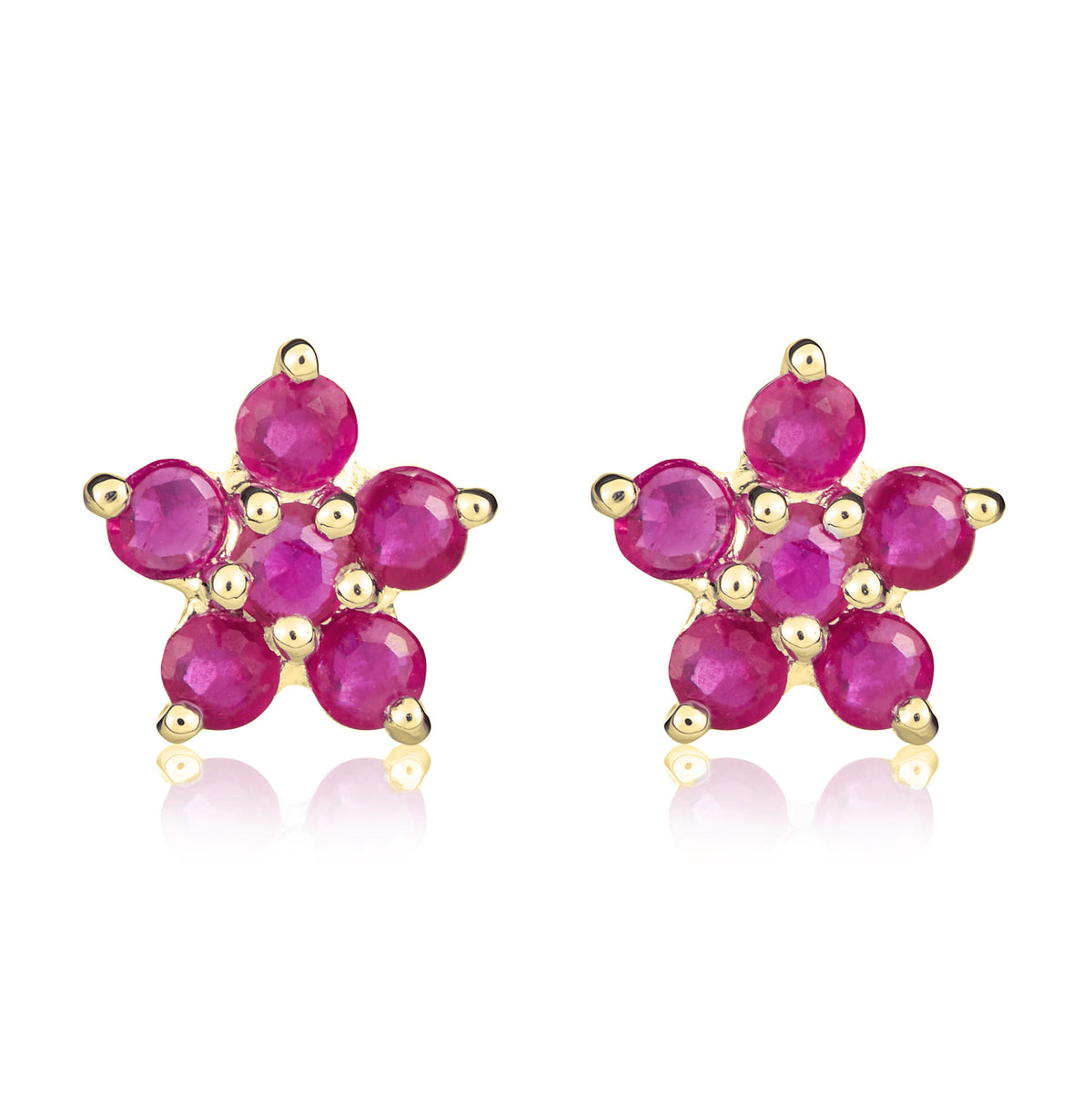 9CT YG 5X1 ROUND RUBY CLAW SET CLUSTER EARRINGS