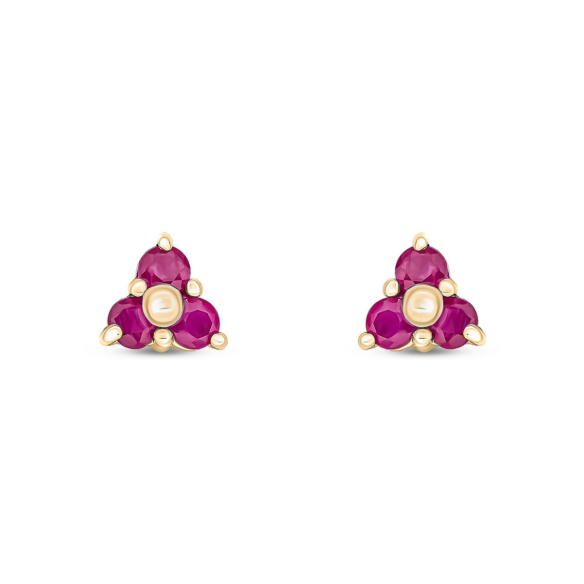 9CT YG ROUND RUBY CLAW SET TREFOIL EARRINGS