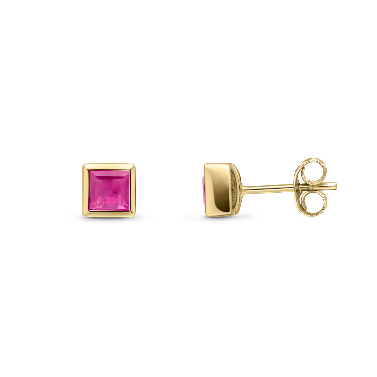 9CT YG 3MM SQUARE RUBY RUBOVER SET EARRINGS