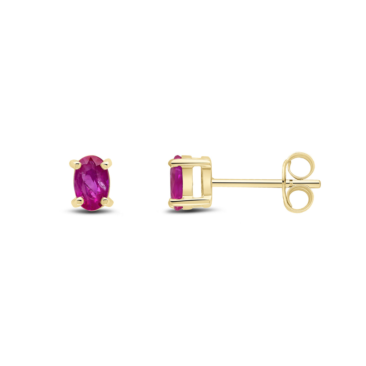 9CT YG 5X3 OVAL RUBY CLAW SET STUD EARRINGS