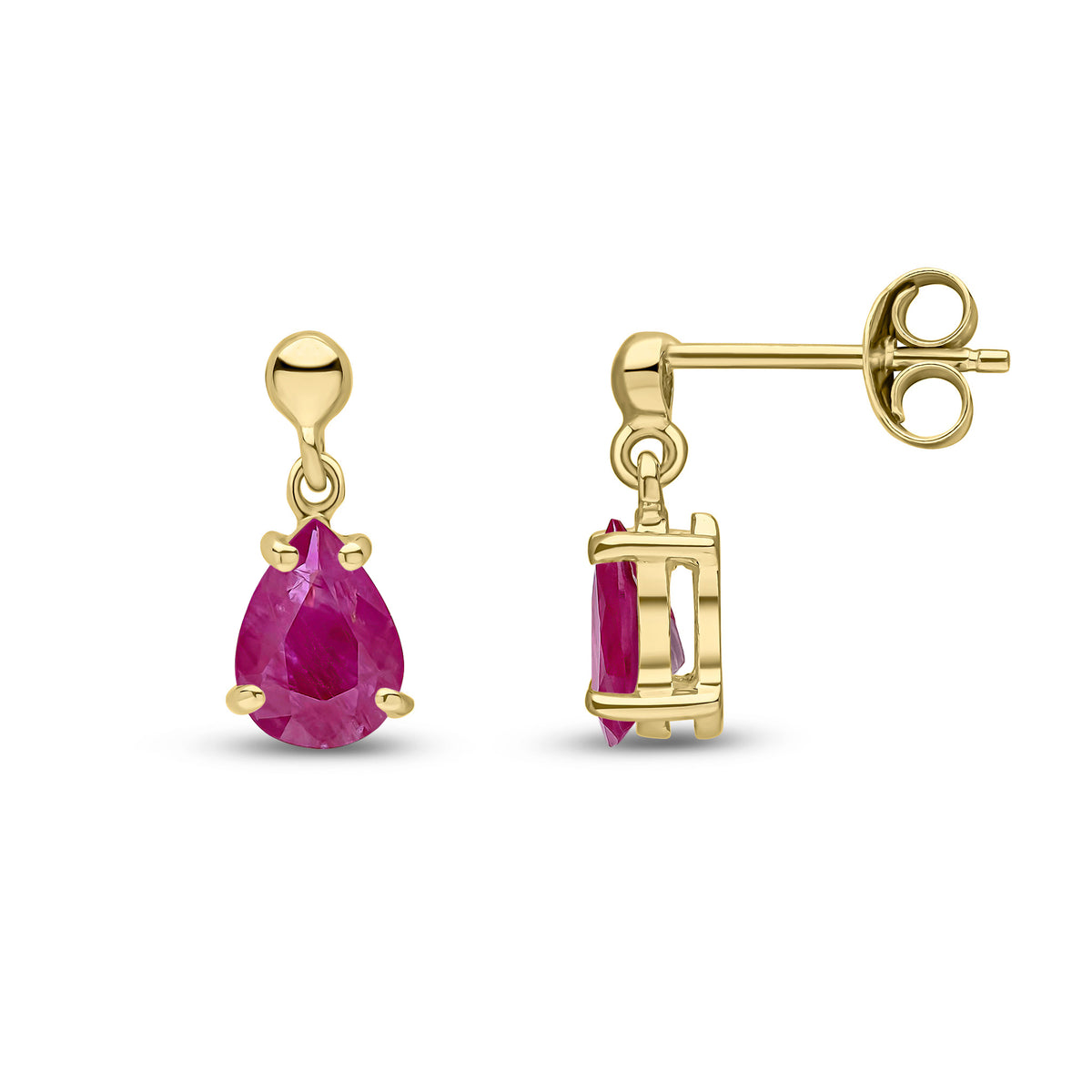 9CT YG 7X5 PEARSHAPE RUBY CLAW SET DROP EARRINGS WITH BEAD TOP